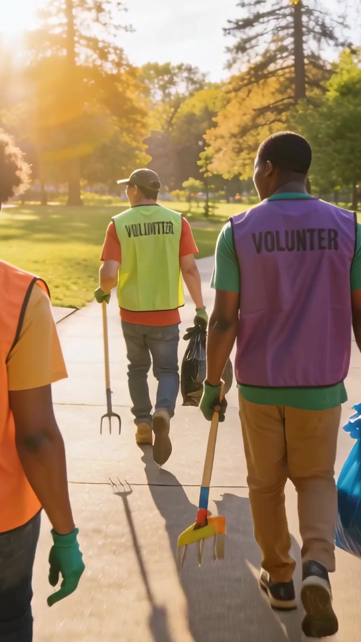 Vertical video: Walking volunteers in neon vests starting cleanup on park path, carrying fork, bag