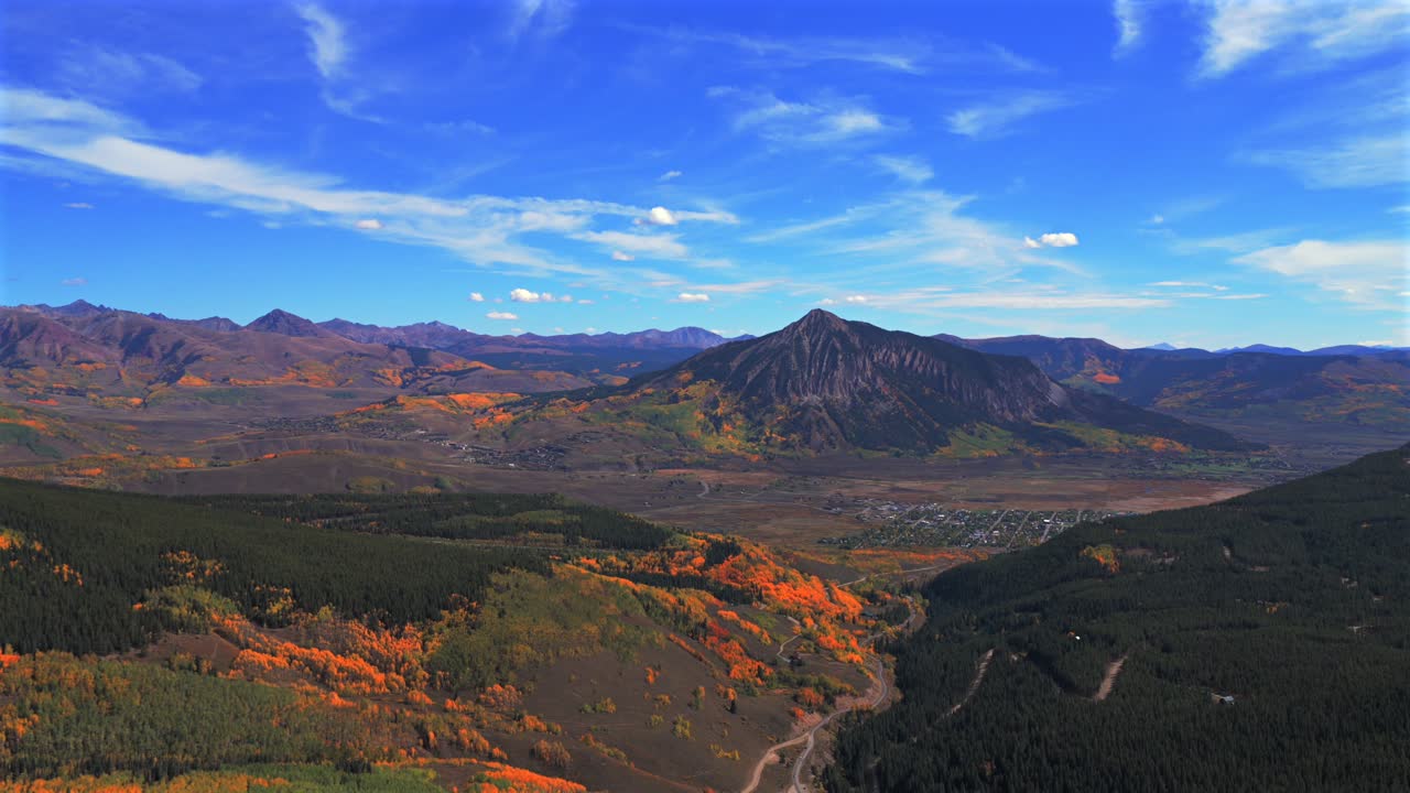 Crested Butte ski resort small Colorado Rocky Mountains down town Main Street drone aerial fall autumn Quaking Aspen Trees leaf peeping season daytime blue skies clouds Coal Creek Kebler Pass circle