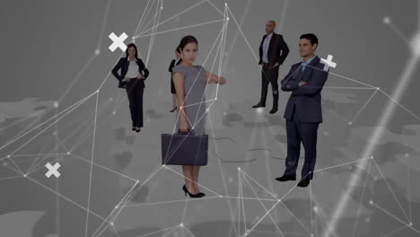 animation of network of connections and data processing over diverse businesspeople