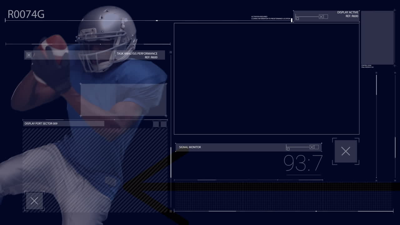 Animación de procesamiento de datos financieros sobre un jugador de fútbol americano.