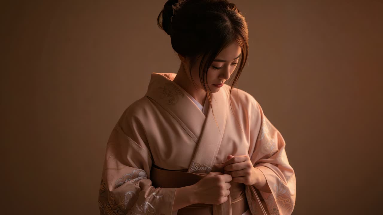 Donna asiatica adulta che guarda in basso mentre sistema e stringe l'obi in studio, assicurandosi che il kimono sia della misura giusta