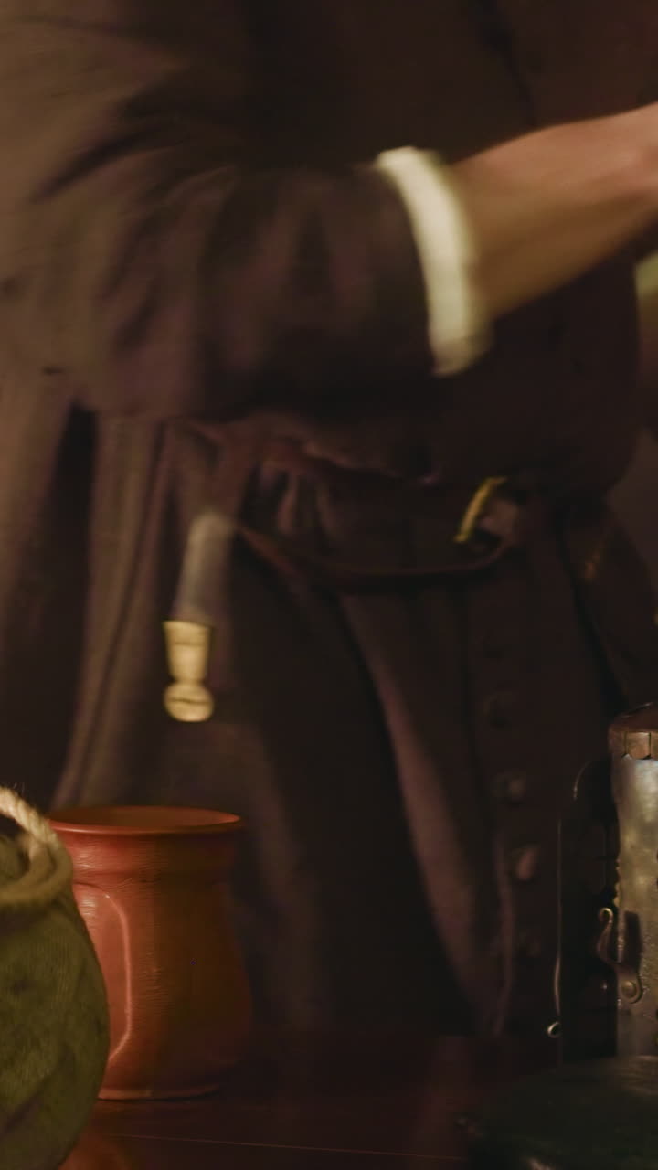 el asistente vierte bebida a la taza del caballero en la taberna de primer plano. el cuidadoso posadero le da una jarra de vino al guerrero en armadura en la posada medieval. el aventurero visita el pub