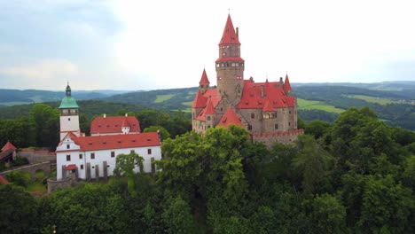 Aerial-View-Of-Bouzov-Castle-In-The-Olomouc-Region-Of-The-Czech-Republic---Drone-Shot