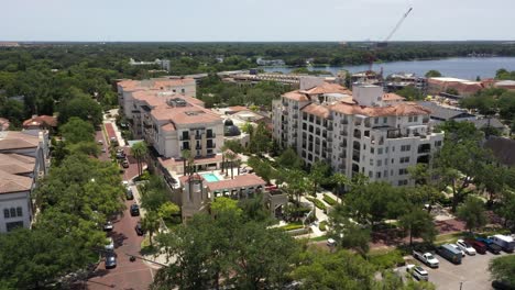 the alfond inn hotel and condominium complex at interlachen ave in winter park, florida, united states. aerial drone shot