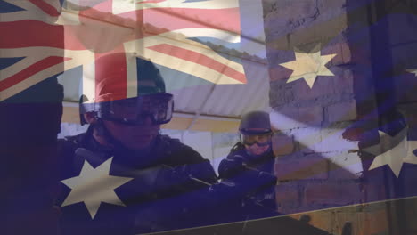 animation of flag of australia over caucasian soldiers with armour