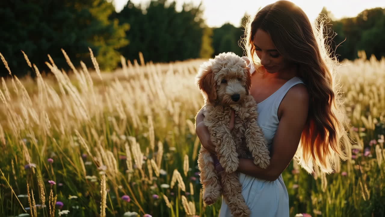 Woman and Her Puppy in a Golden Field at Sunset