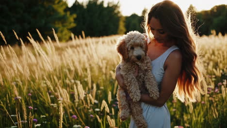 woman and her puppy in a golden field at sunset