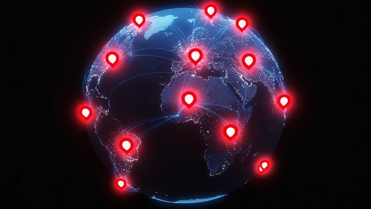 Visualization of Global Connectivity and Data Flow Represented by Lit Points on a 3D Earth Model Showing Links Across Continents and Regions Highlighting Modern Networking