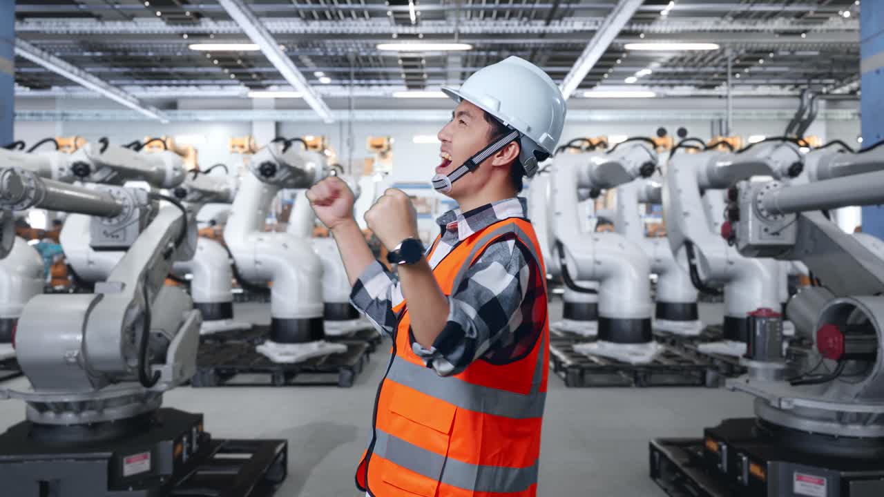Engineer Celebrating Success in a Modern Robotics Factory