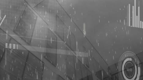 Animación-De-Gráficos-Y-Círculos-De-Carga-Sobre-La-Lluvia-En-Una-Vista-De-ángulo-Bajo-De-Edificios-Modernos