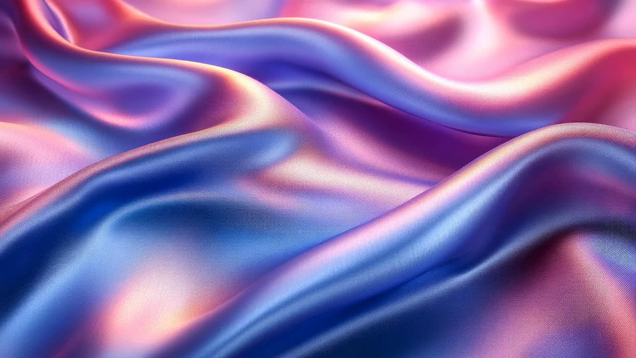 Soft light on silk fabric. Soft silk fabric waves show a blend of purple and pink tones, creating an enchanting visual impression in gentle light