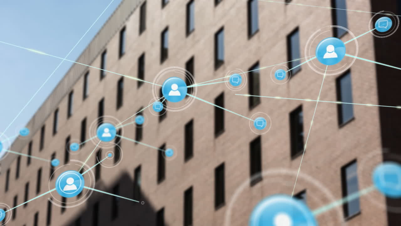 현대적인 사무실 건물 위의 아이콘과 연결 네트워크의 애니메이션