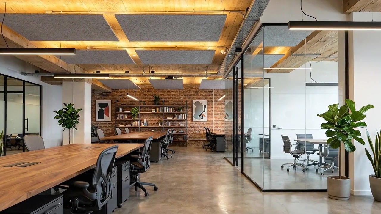 Interno di un moderno ufficio aziendale open space con grandi finestre e vista sulla città