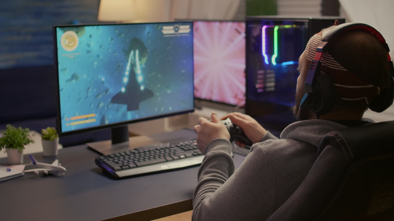 retrato de un jugador profesional jugando un juego en línea en primera persona