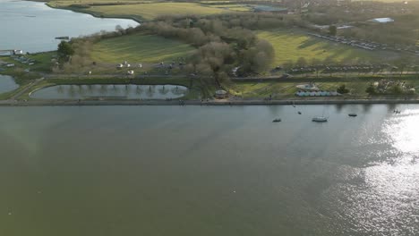 panorama of maldon promenade park with the statue of byrhtnoth in essex, united kingdom