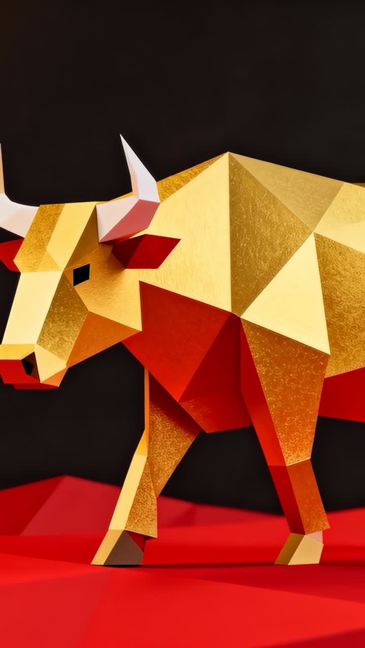 Vertikal video: Zoomende kamera opfordrer lowpoly gylden tyr til at træde på studiogulvet og vise hvide horn