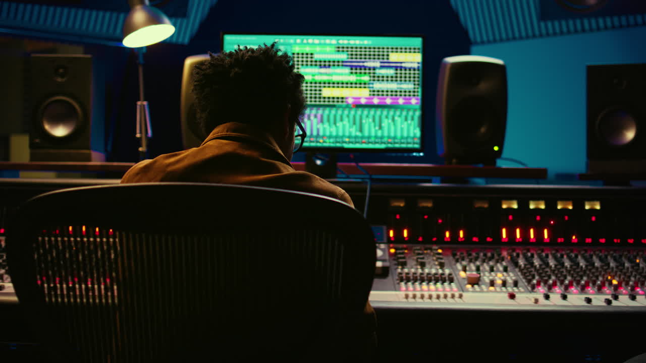 African american audio engineer using sound mixing console for managing tracks