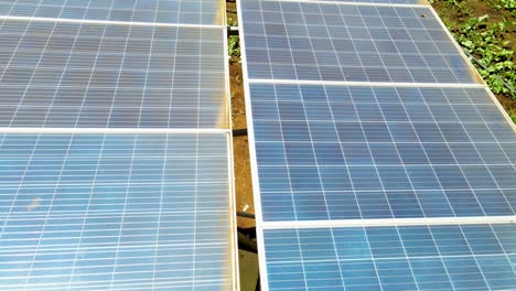 Aerial-drone-view-into-large-solar-panels-at-a-solar-farm-at-bright-sunset