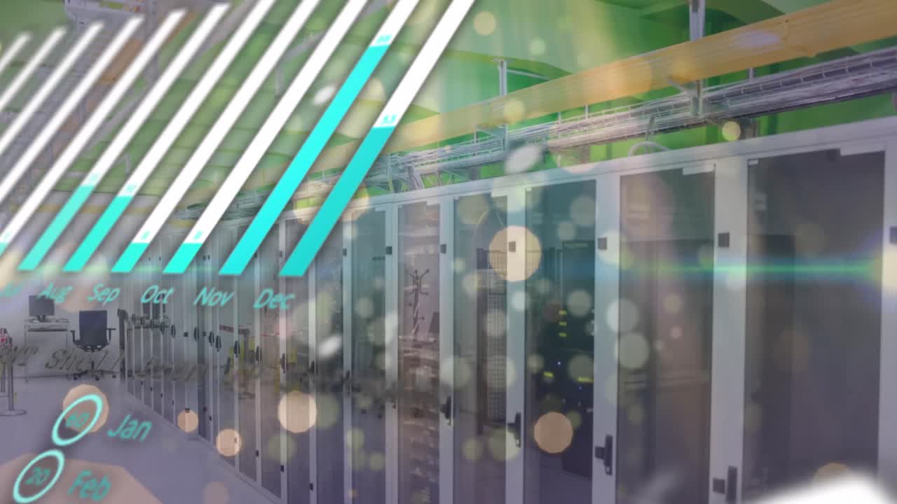 컴퓨터 서버 에 대한 통계 데이터 처리 위에 떠다니는 노란색 점의 애니메이션