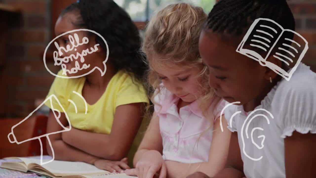 Animation of hello text and school icons over diverse schoolchildren