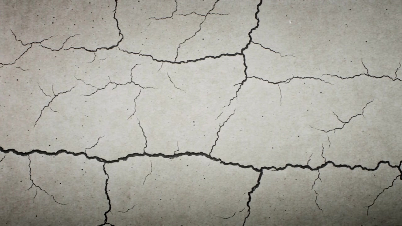 Shifting camera revealing cracked plaster in closeup, exposing wide fissure and grit, showing age