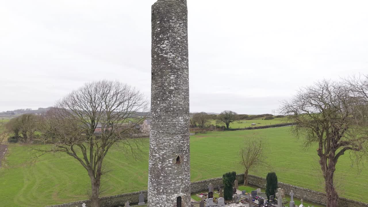 Ancient round tower at Monasterboice ruins, an early Christian site in Ireland