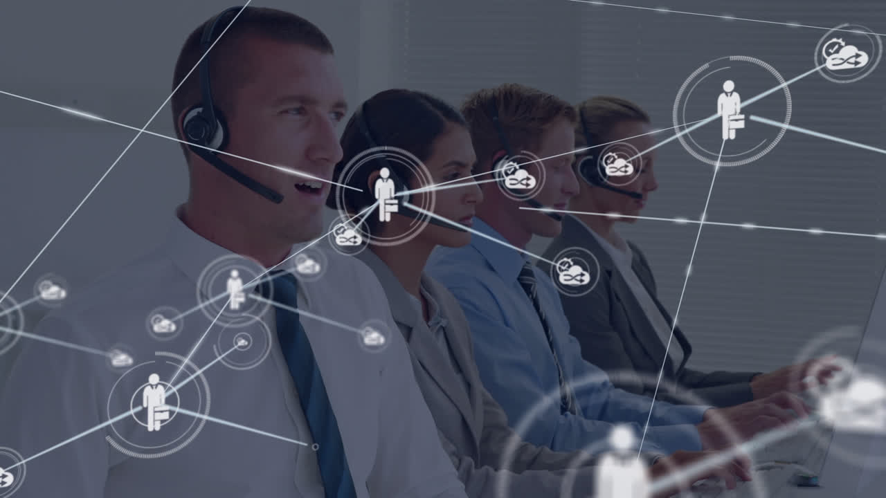 Animation of connected icons over diverse customer representatives talking with customers in office