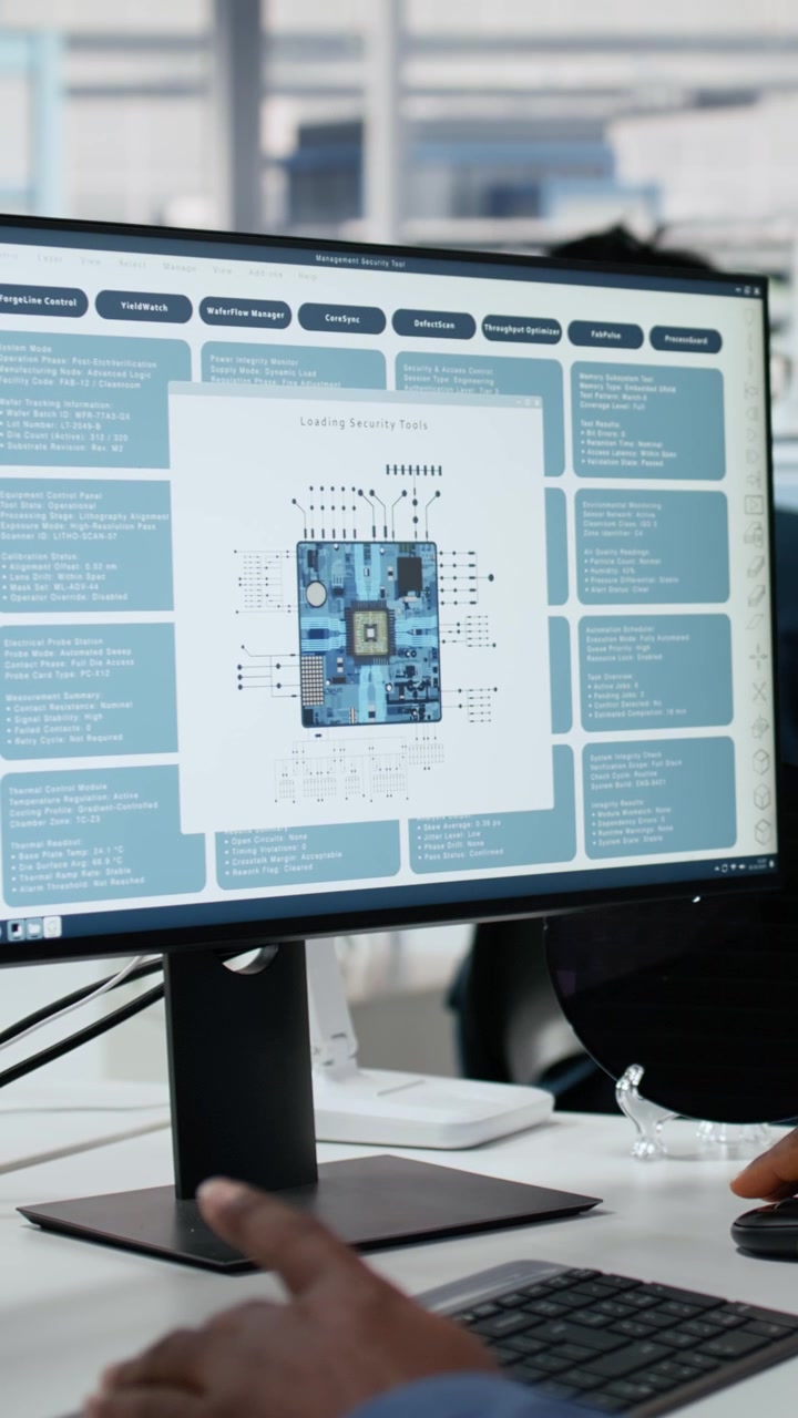Vertical video Technician in microchip factory RD workspace optimizing production with PC