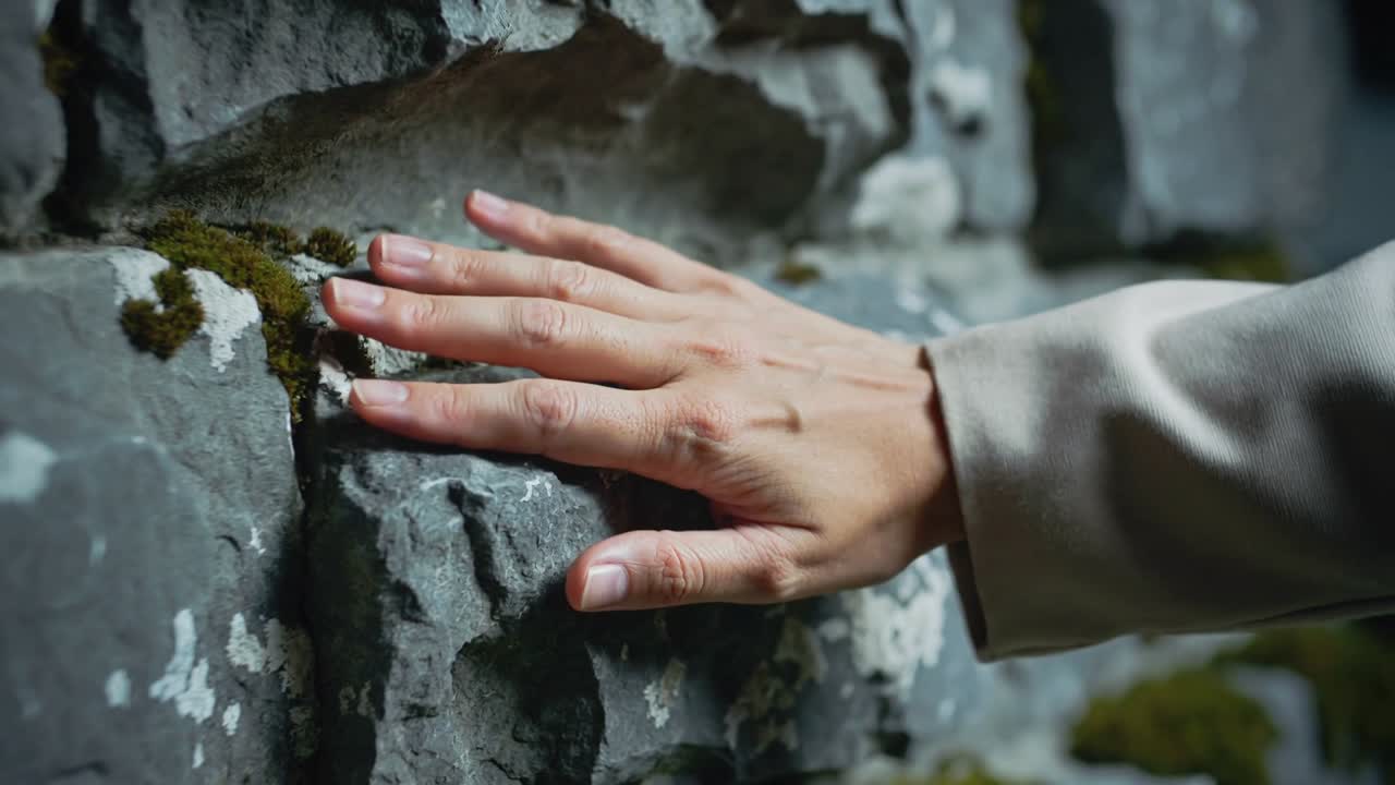 La curiosità che attira la mano del visitatore facendola scorrere lungo una fessura muschiosa con licheni sulla pietra, per uno studio del patrimonio.