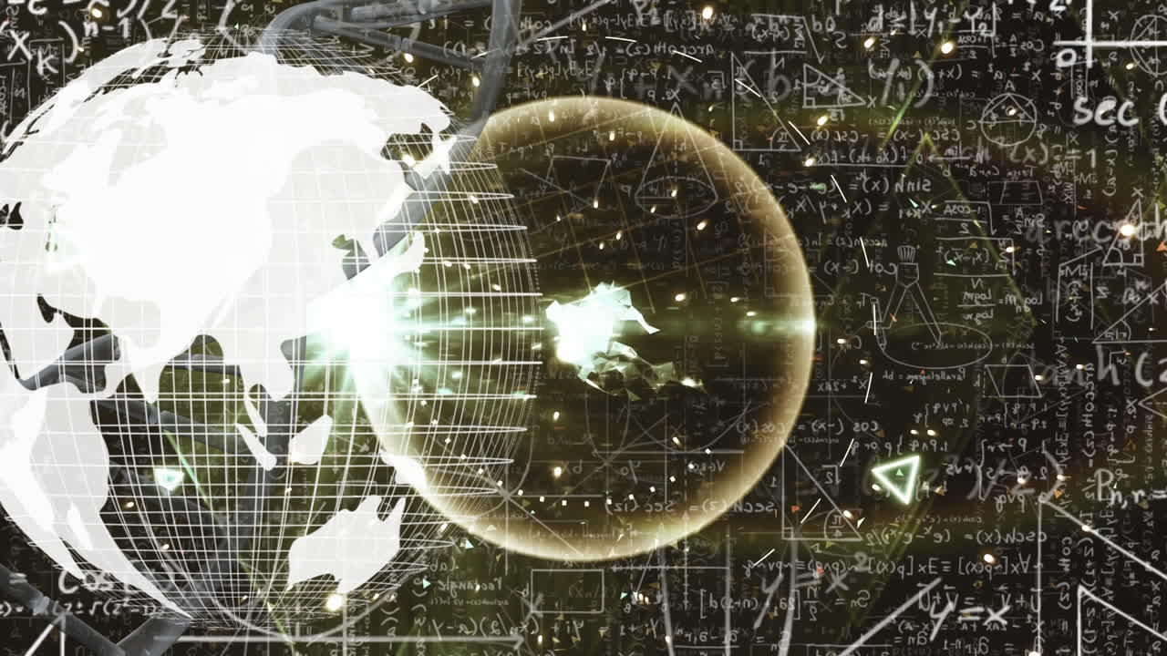 어두운 배경에 빛, 지구와 수학 공식의 애니메이션