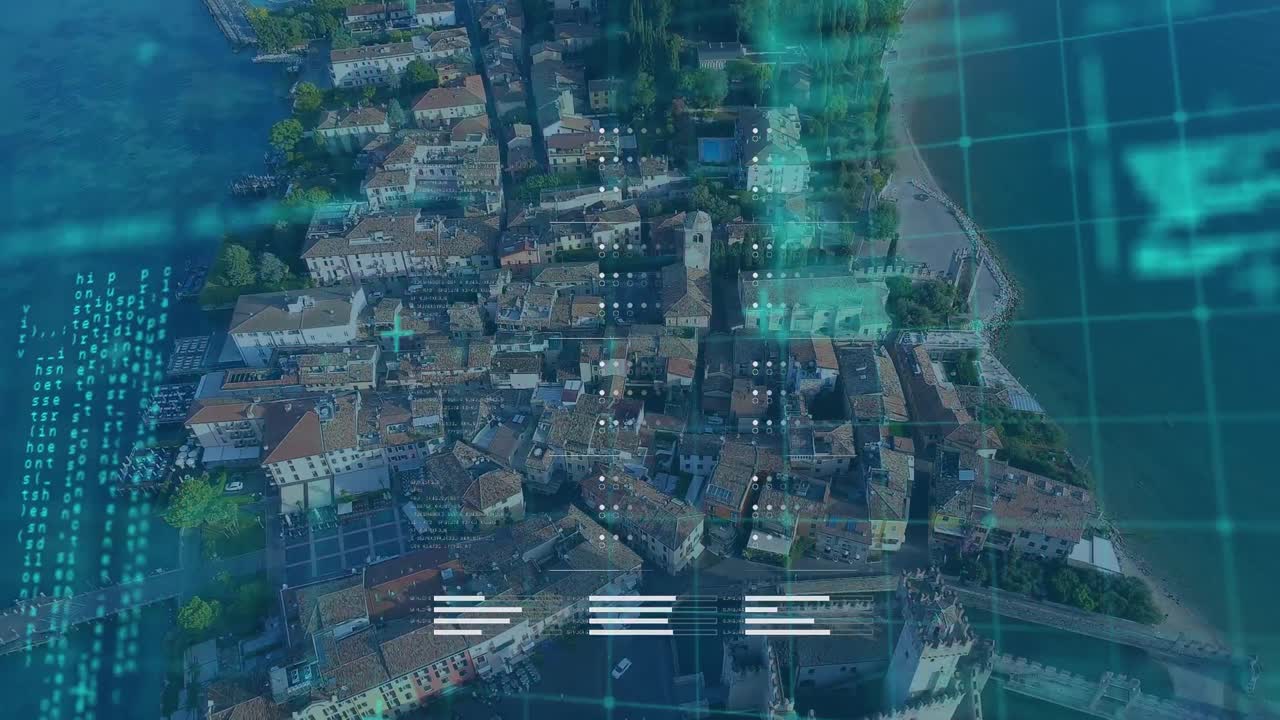 Animation of data processing over cityscape