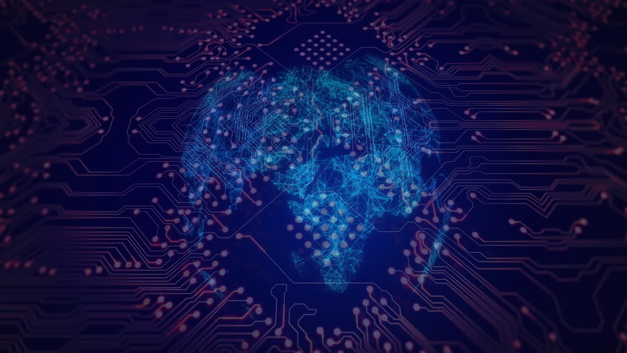 animación de las conexiones del microprocesador sobre un globo giratorio contra un fondo azul