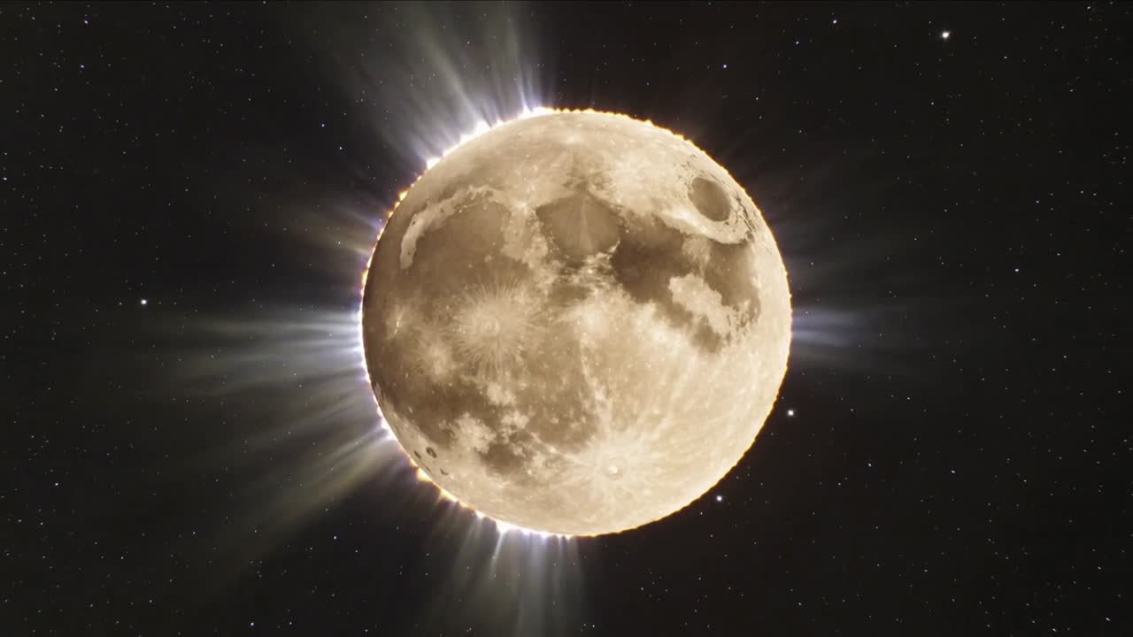 Appearing lower-left bright points, causing Moon growing radial beams and golden halo in starry sky