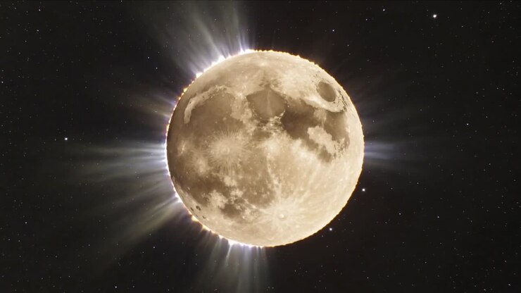 Pontos brilhantes aparecendo no canto inferior esquerdo, fazendo a Lua emitir raios radiais crescentes e um halo dourado no céu estrelado.