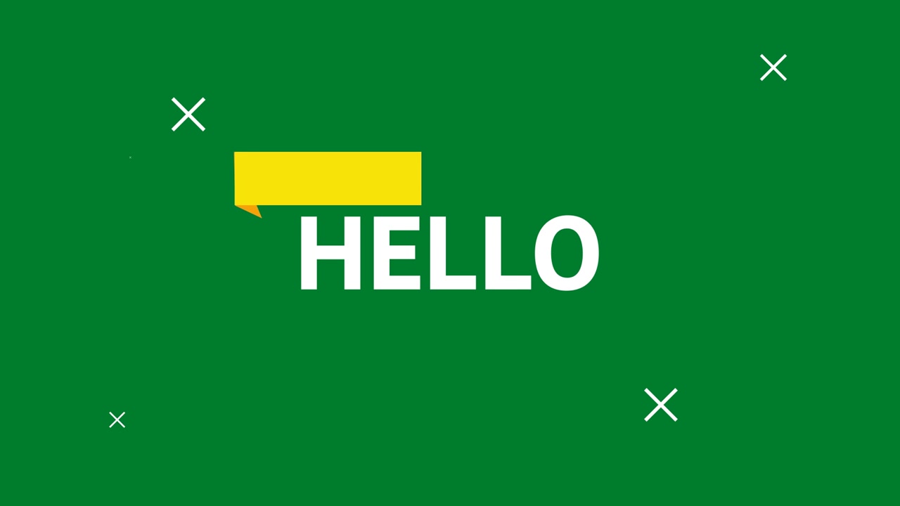 Digital animation of hello text and yellow banner against spots of light on grey background