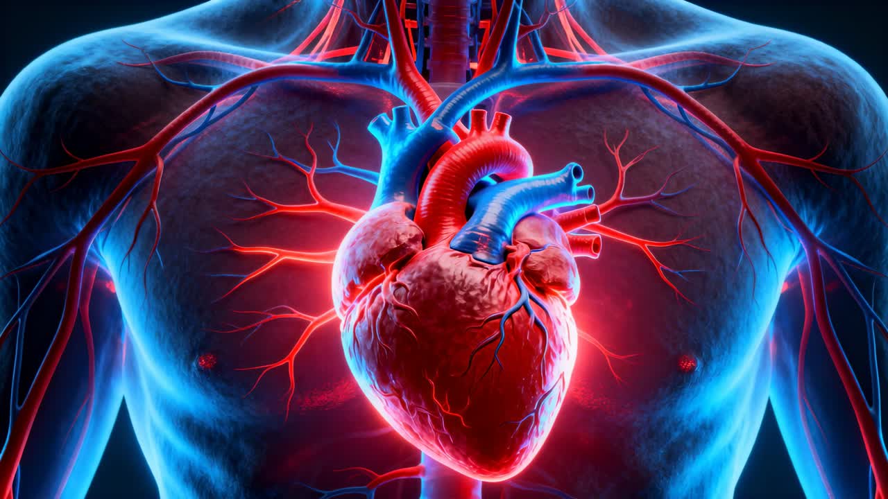 Modello anatomico del cuore che si contrae e si espande in un rendering medico, causando la pulsazione dei vasi sanguigni rossi e blu