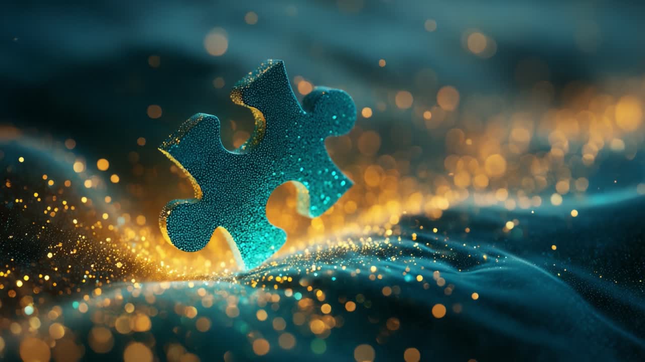 Single glowing blue jigsaw puzzle piece standing on a dark surface, surrounded by golden sparkles and light representing a creative solution, innovation, or a missing link for a complex problem