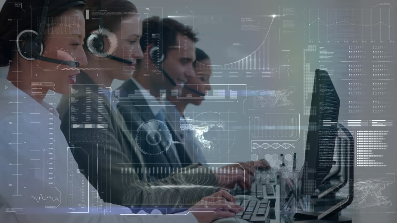 animación del procesamiento de datos financieros sobre personas de negocios que trabajan en la oficina