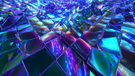 abstract background of reflective holographic cubes creating a wave surface. modern neon lighting, trendy background. 3d animation of seamless loop