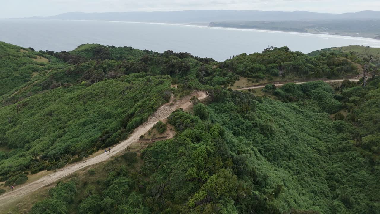 Scenic aerial perspective showcasing the lush greenery and winding path leading to Muelle De Las Almas in Chonchi, Los Lagos, Chile