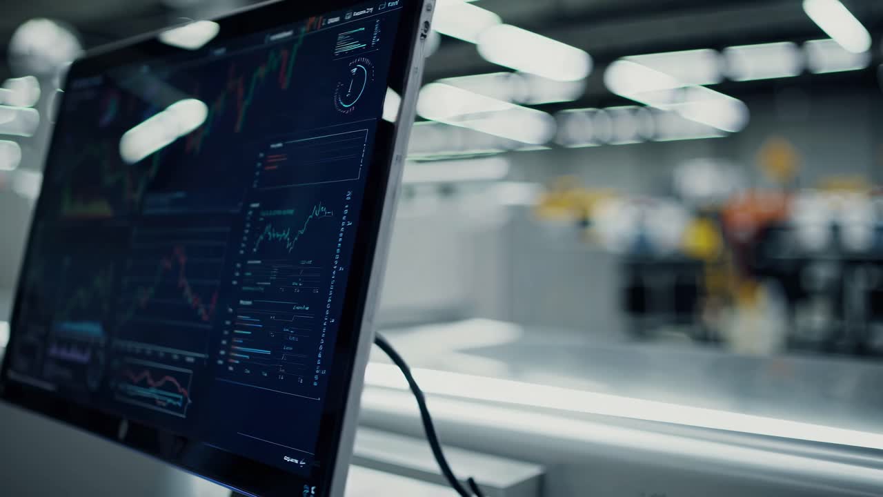 Close-up video of a computer screen displaying data charts in a modern office