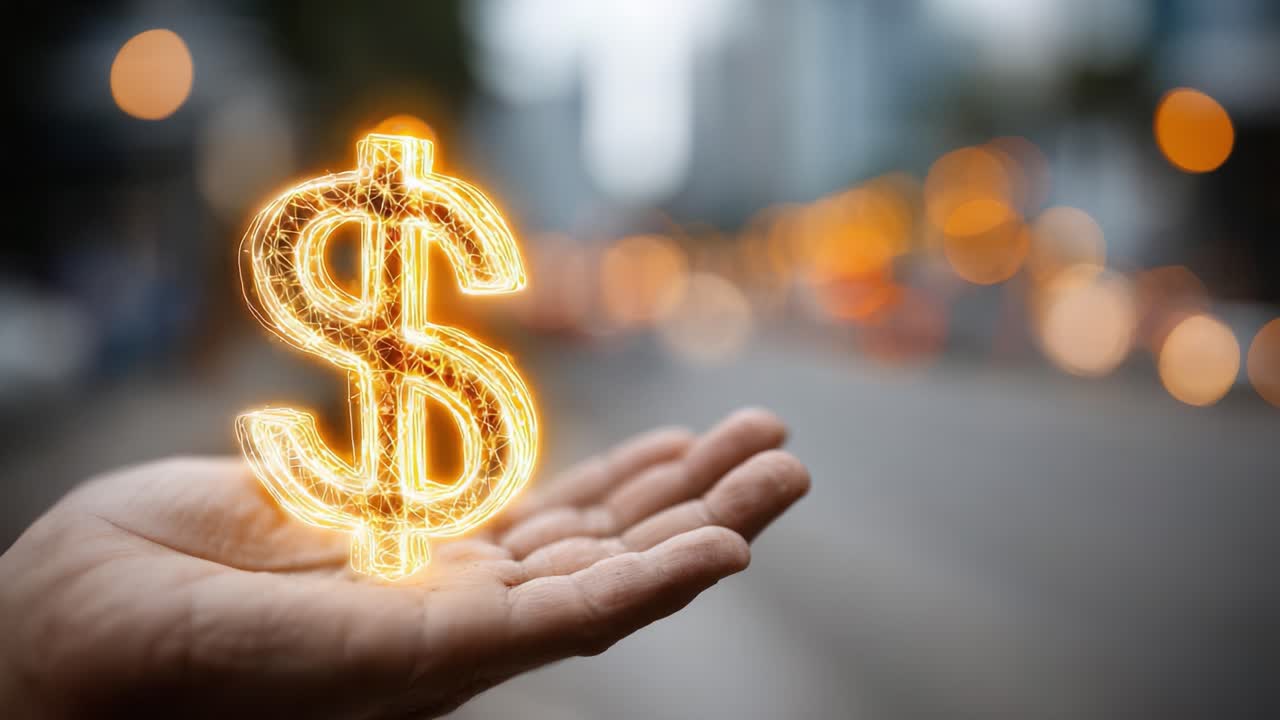 Um Símbolo Resplandecente de Riqueza: Uma Mão Segurando um Símbolo de Dólar Brilhante Contra um Fundo Urbano Desfocado Reflete a Essência da Prosperidade Financeira e Oportunidade