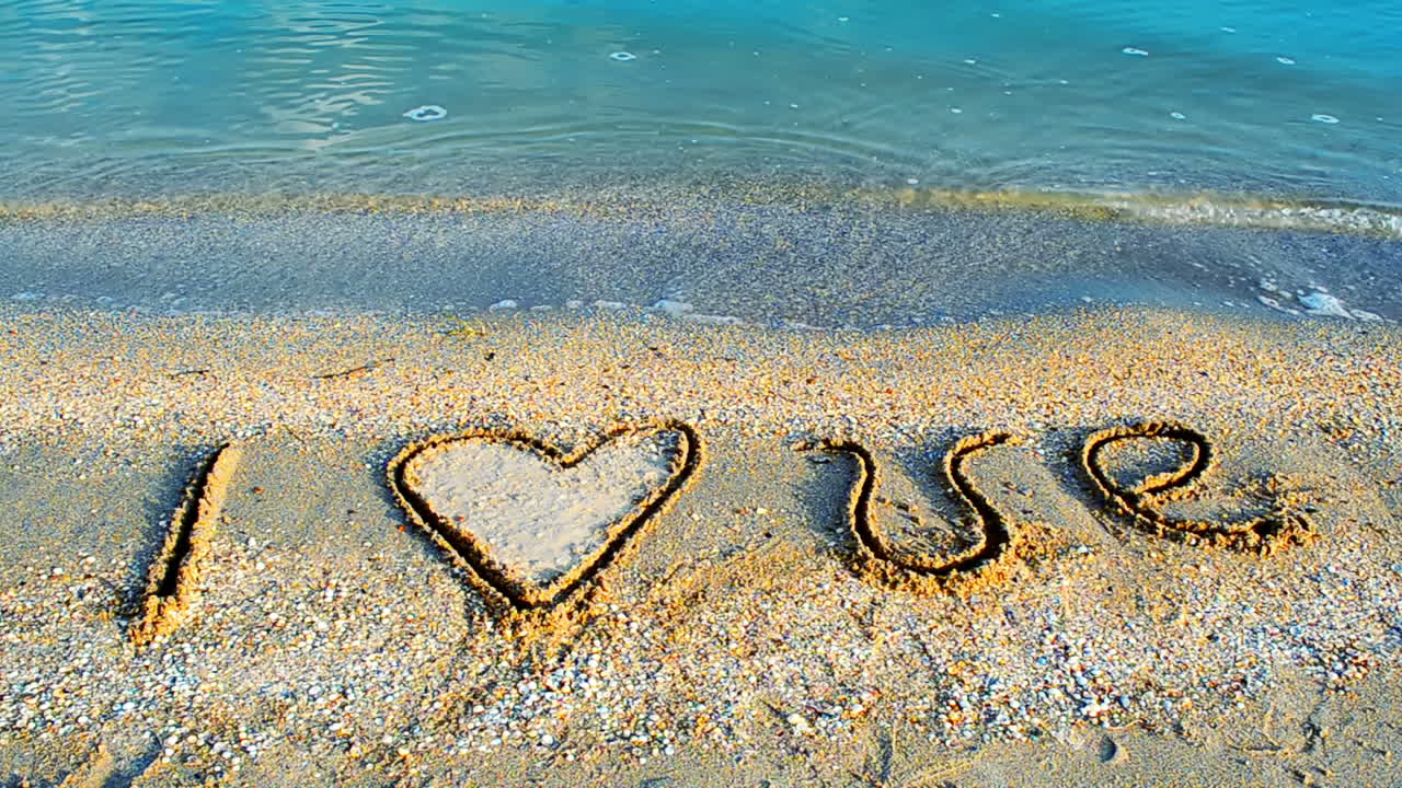 Inscription on sand. I love. Shooting on the beach
