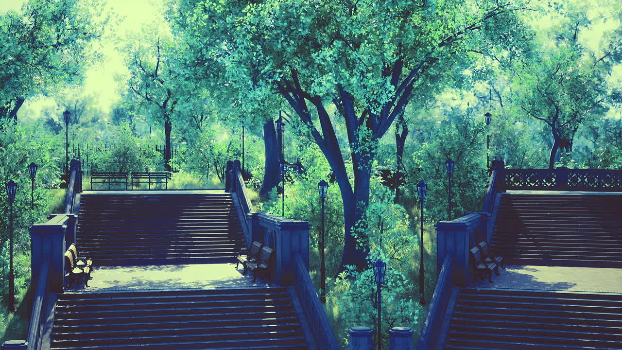 Lush park landscape with steps and benches under vibrant green trees