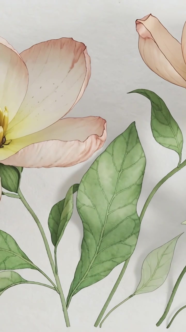 Video verticale: Panoramica della telecamera che rivela un fiore di pesco dipinto su una parete chiara per mostrare bocciolo e foglie.