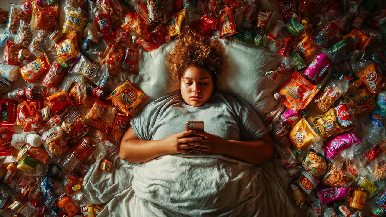 A contemplative young person surrounded by a chaotic assortment of snacks and drinks, lying on a bed while focused on their smartphone, reflecting on lifestyle choices and consumption