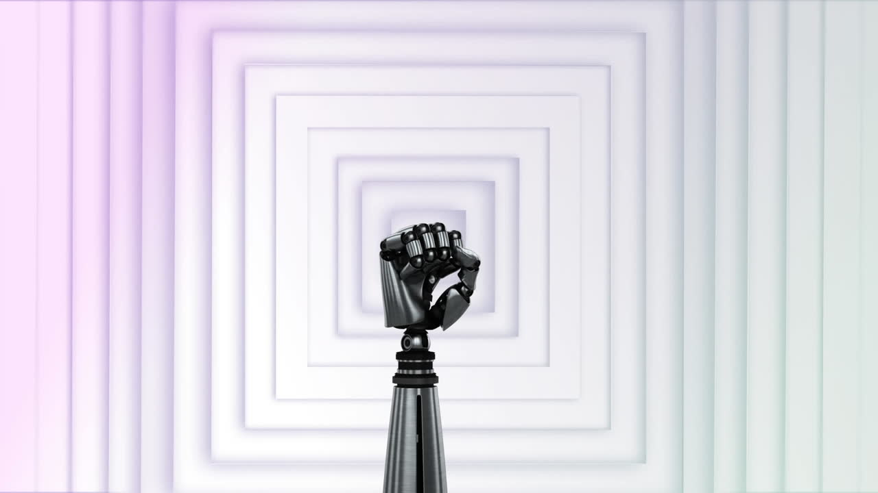 mano robótica moviéndose contra filas de cuadrados blancos pulsando en el fondo