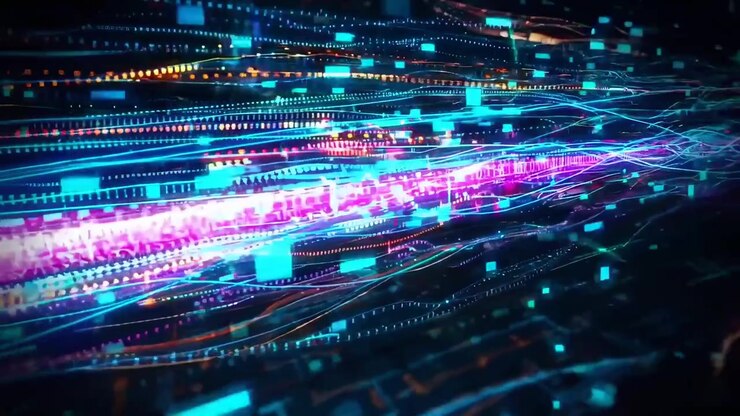 Abstract Digital Data Stream with Glowing Binary Code and Light Trails