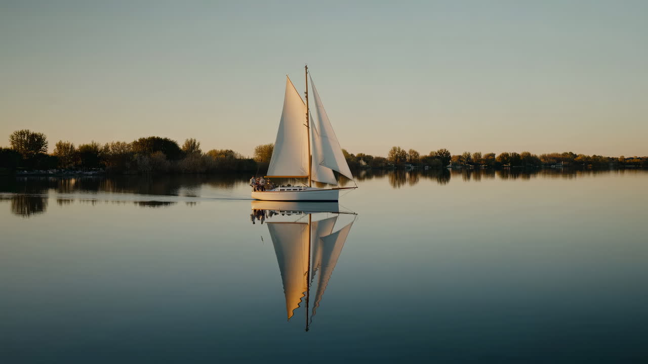 Barca a vela su un lago calmo al tramonto