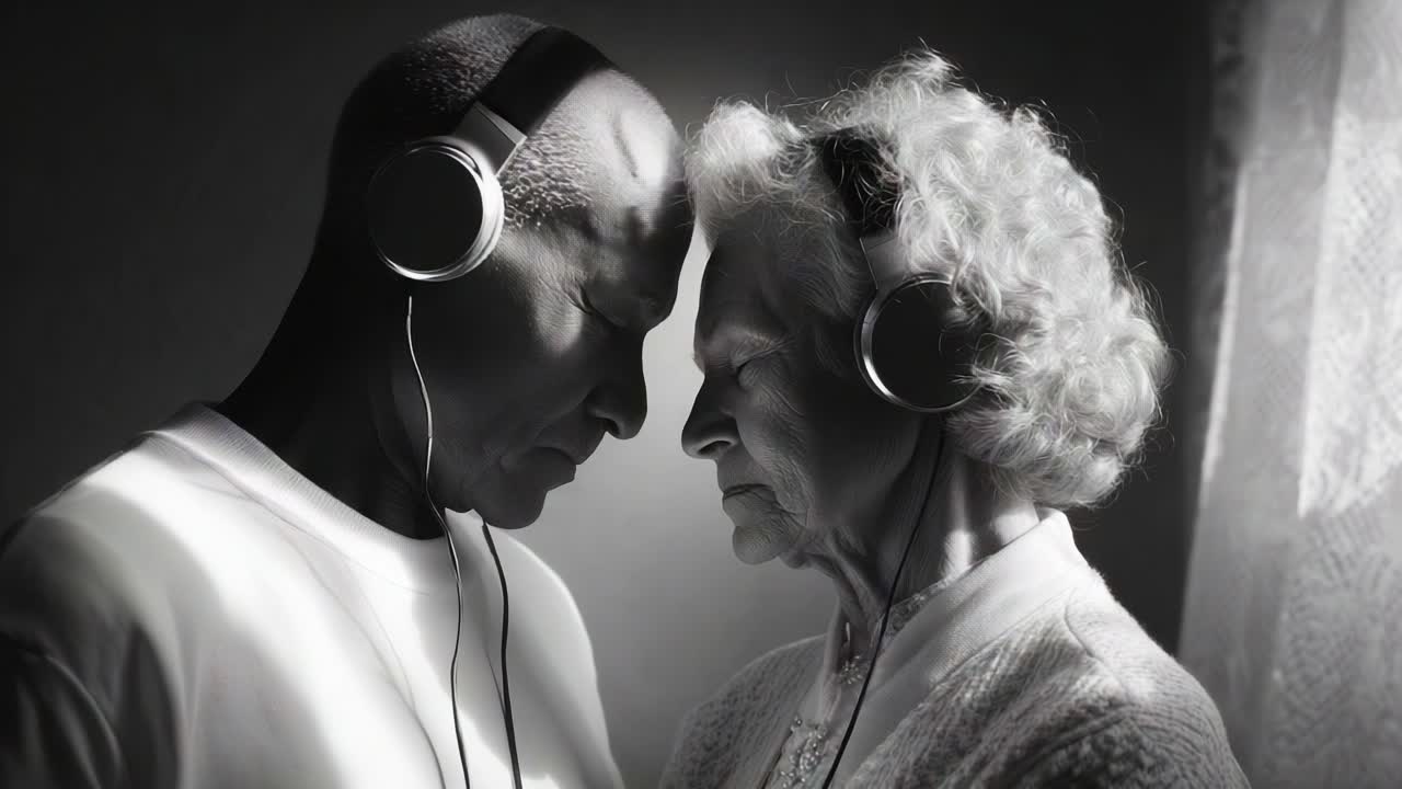 A Touching Moment of Connection: An Elderly Couple Enjoys Music Together, Their Foreheads Gently Resting Against One Another While Wearing Headphones in a Serene Black and White Setting